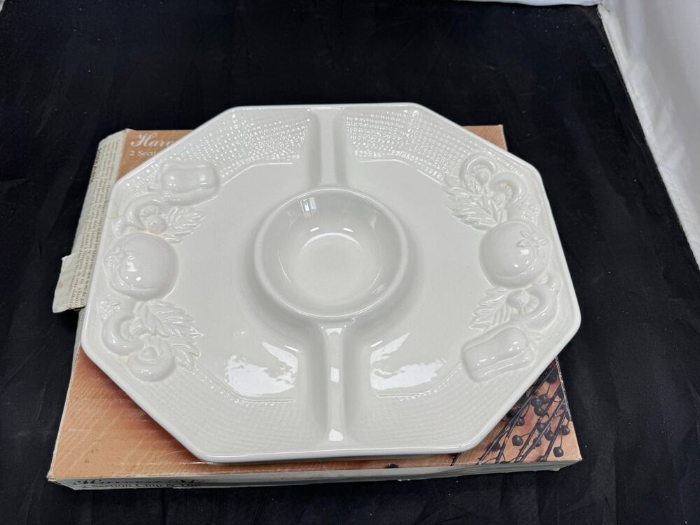 HIMARK Japan Harvest Weave White Ceramic Octagonal 3 Comp Chip Dip Platter